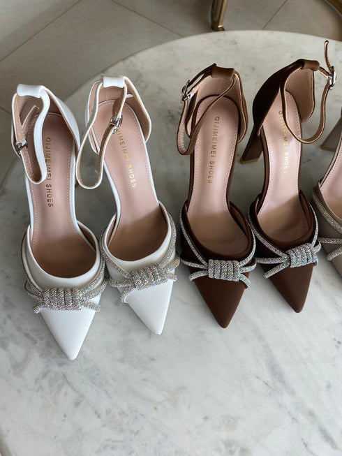 Rhinestone Embedded Pointy Ankle Strap Heels